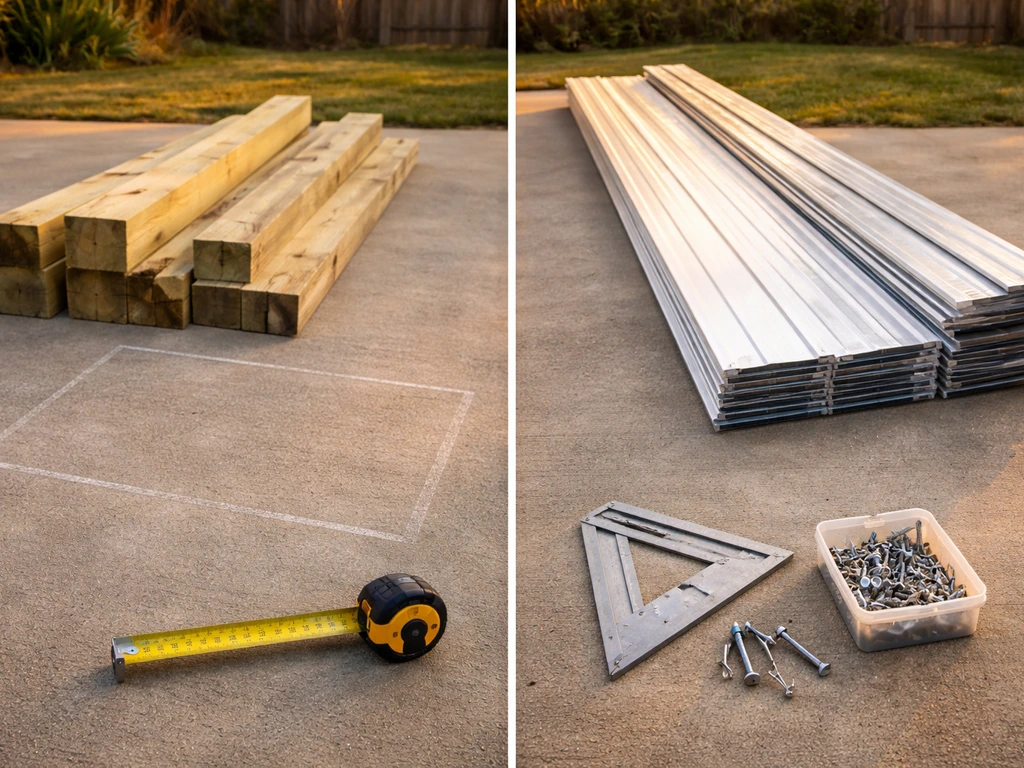 Wood pergola and aluminum patio cover cost comparison materials with tape measure over a square-foot area on ground.