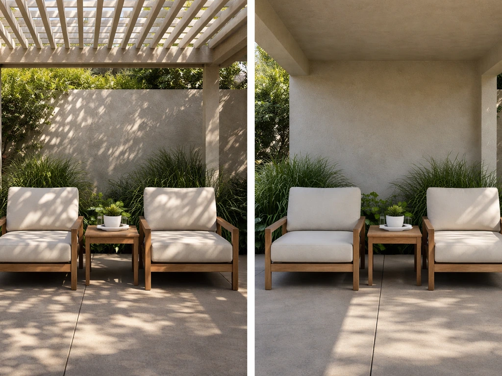 Patio seating with dappled sunlight under a pergola beside more uniform shade under a covered roof.