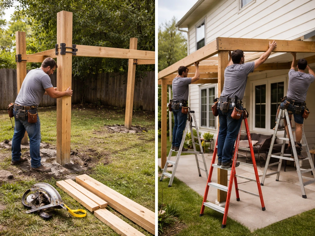 Minimal backyard DIY pergola posts in concrete contrasted with a crew installing an attached patio cover on a house.