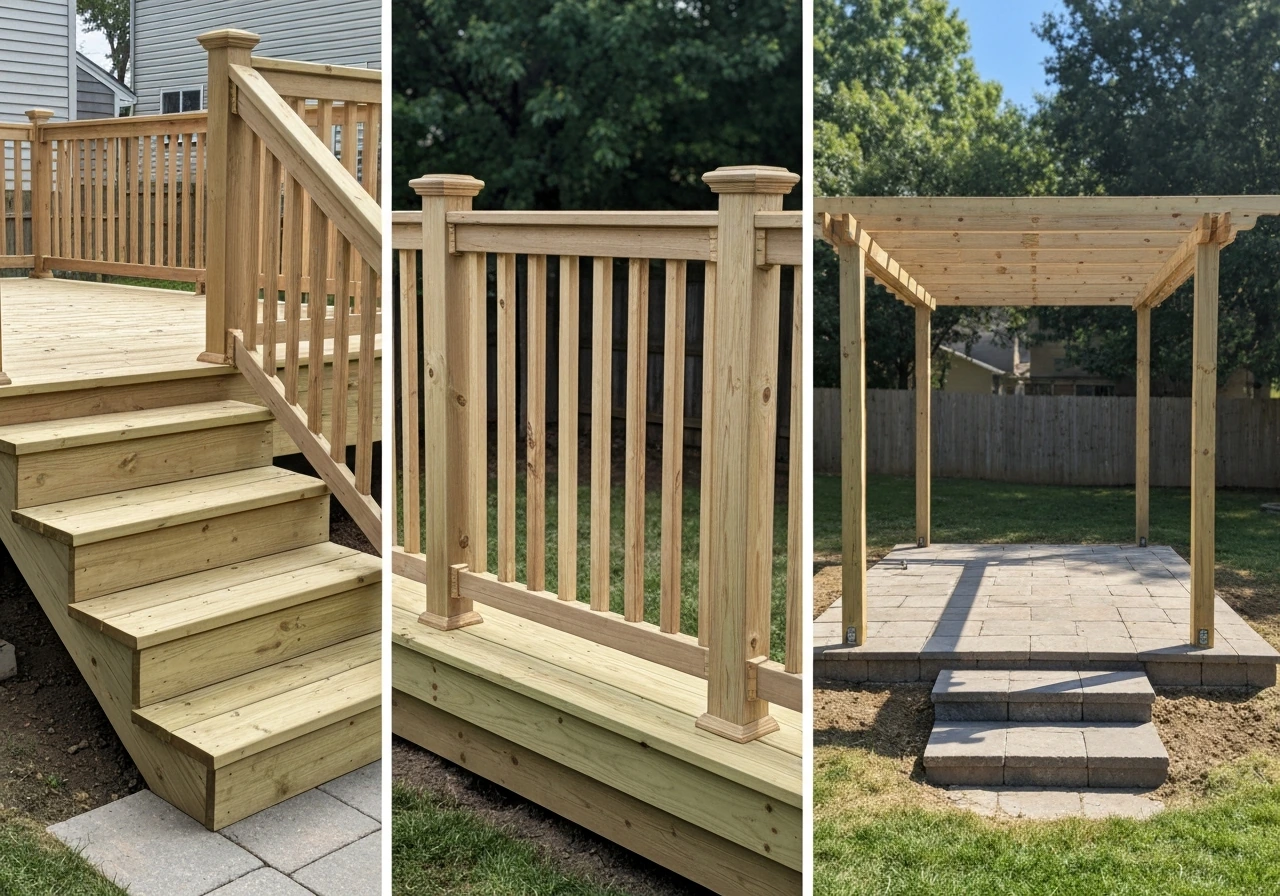 Three side-by-side yard construction details: deck stairs/landing, railings, and a pergola frame over a patio.