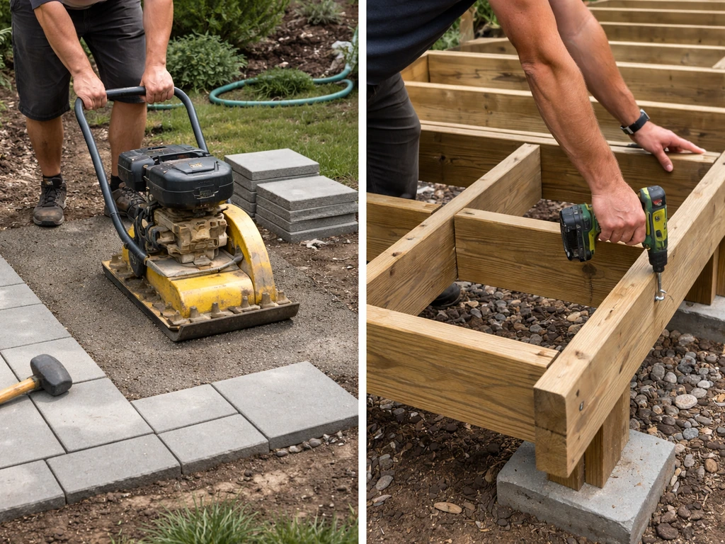 Left: leveling patio paver base; right: contractor fastening deck framing joists with an impact driver.