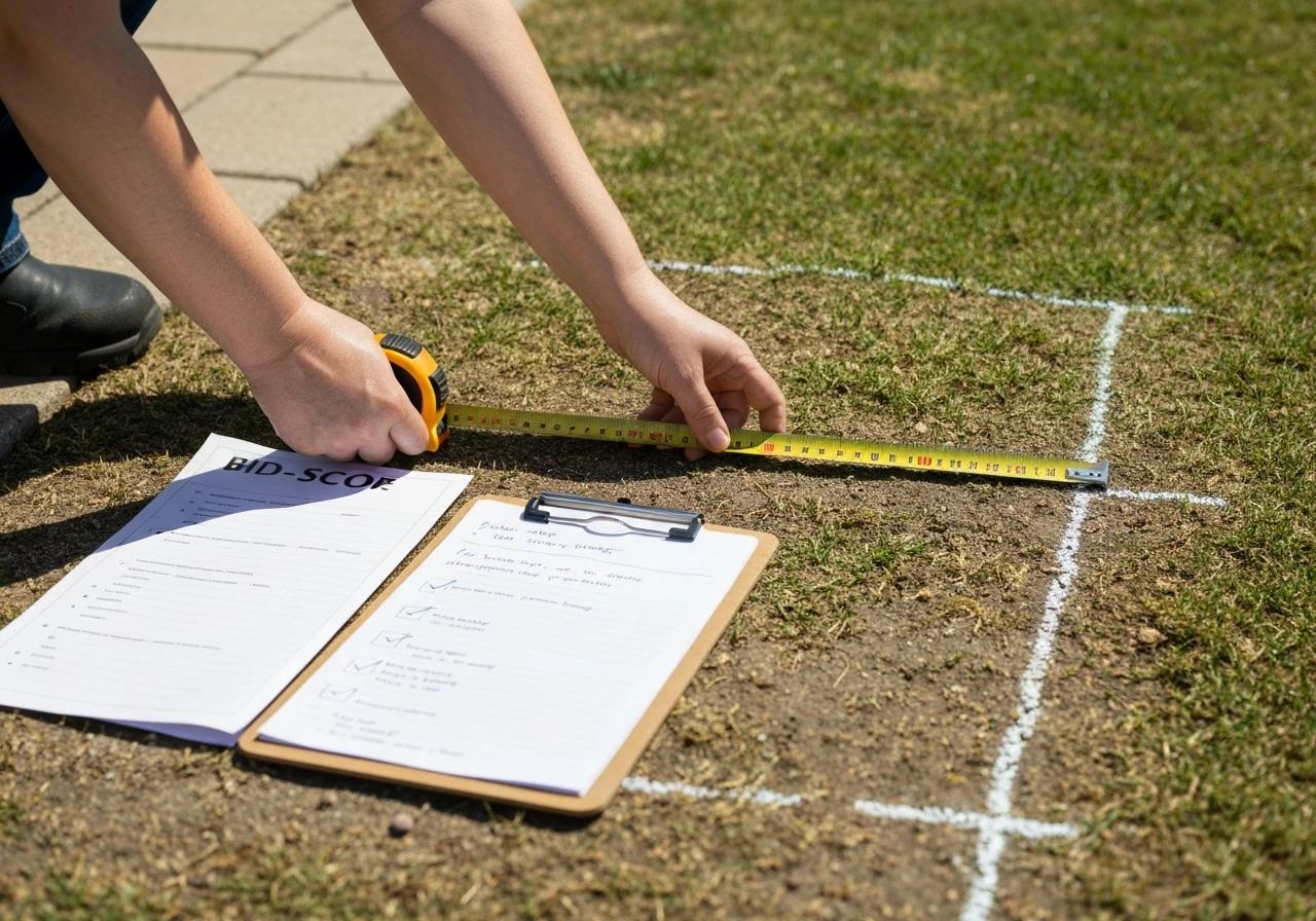 Hands measuring a yard with a tape measure beside a clipboard and two comparable bid-scope papers.