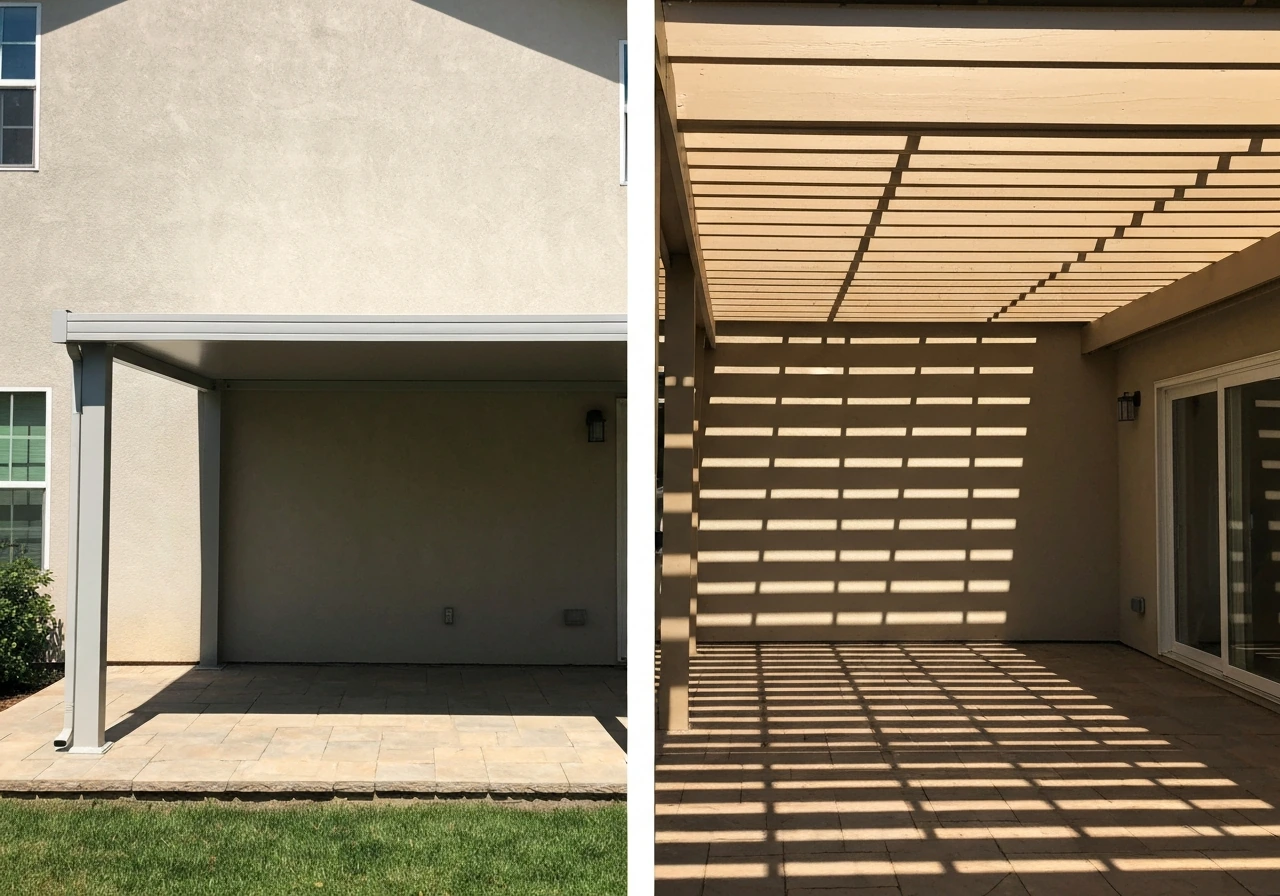 Split-screen style photo of a solid patio cover beside an open-lattice pergola showing different light and rain coverage