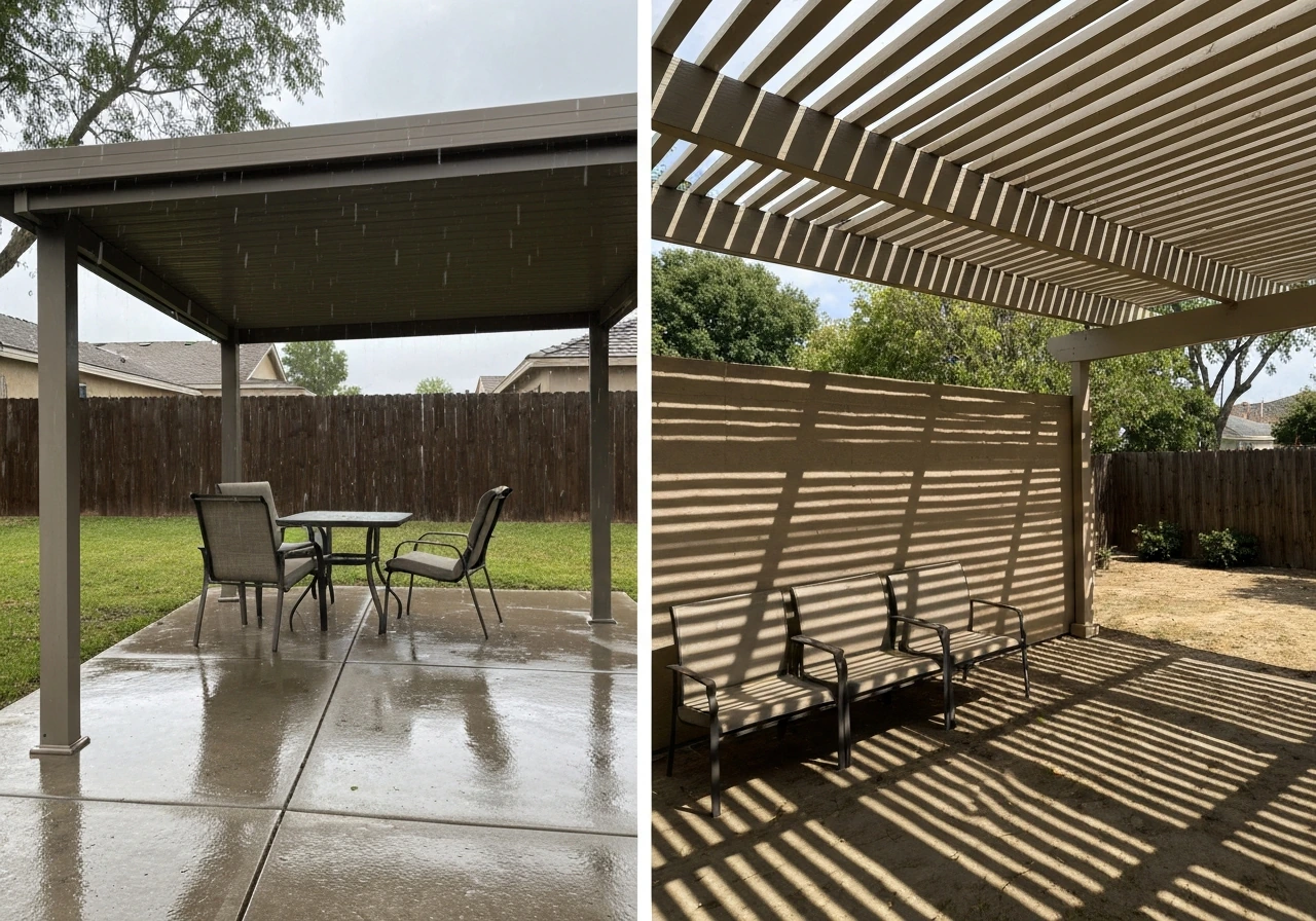 Covered patio seating stays dry under an overhang while a nearby open-lattice pergola shows filtered sunlight.