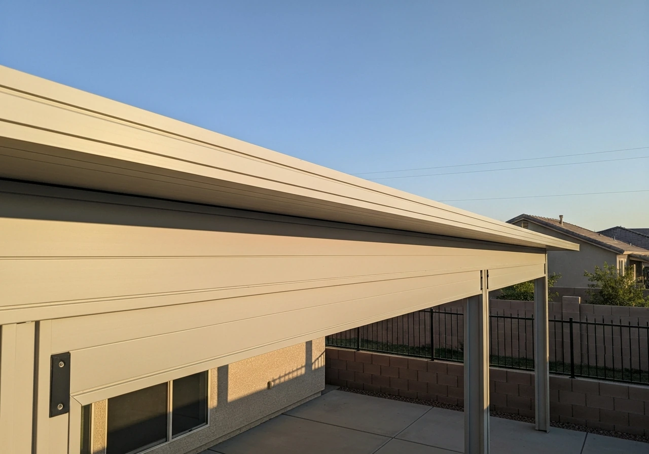 Modern solid roof patio cover with aluminum panel roof beside a small home with privacy fencing