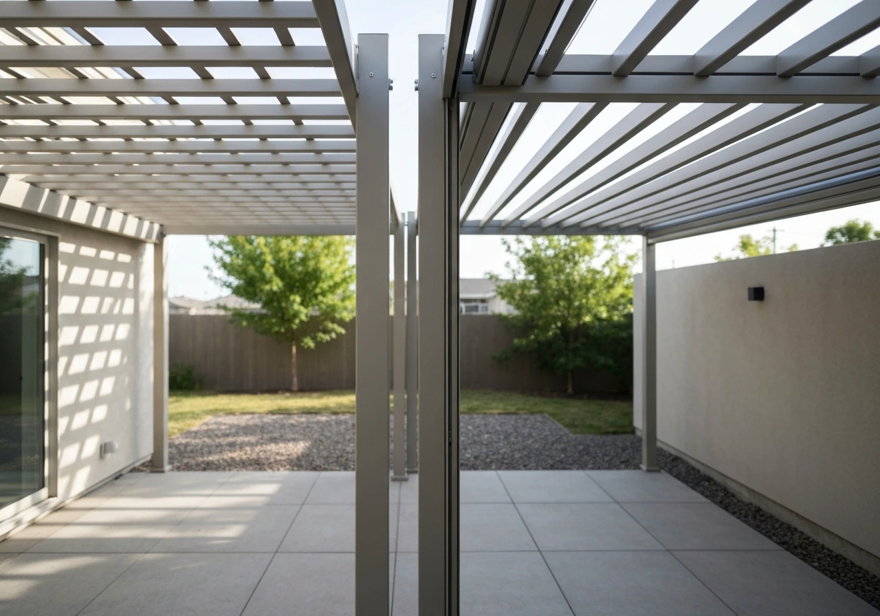 Two pergola styles in a backyard—open lattice for airflow and louvered blades for adjustable shade.