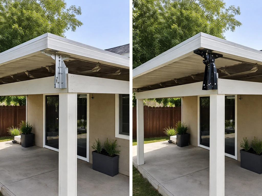 Split-screen of a patio roof raised by risers on one side and a skylift-style bracket on the other.