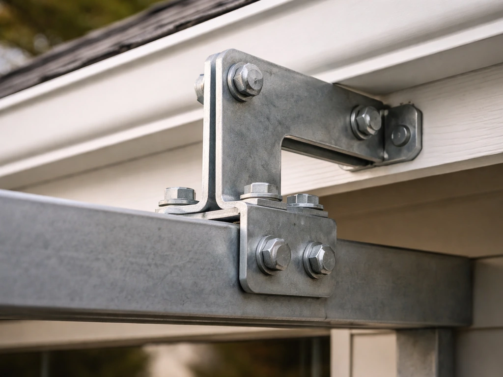 Close-up of patio cover bracket and riser hardware connecting a beam to a house roof edge