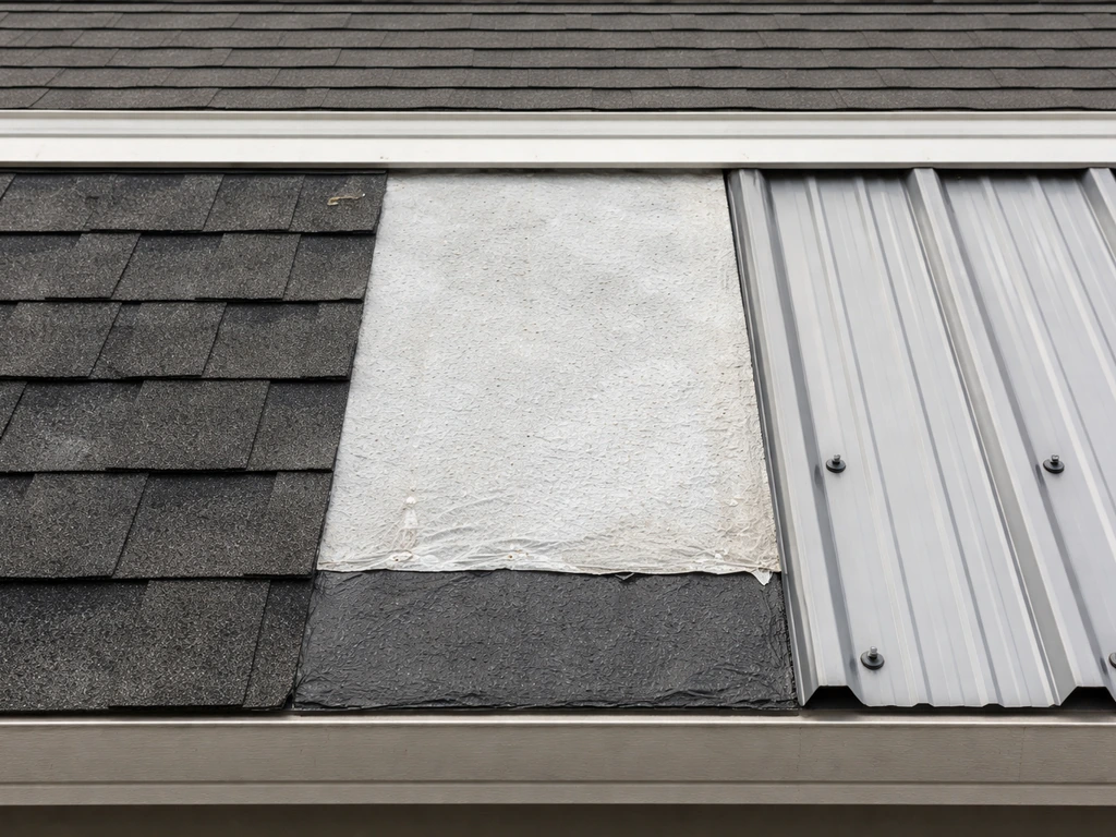 Side-by-side roof material samples showing composition shingles and metal roofing versus a less-compatible roof surface.