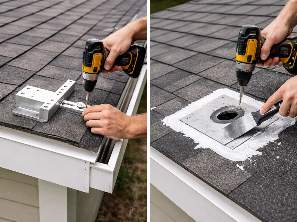 Two-panel roof DIY: left aligns a non-penetration bracket; right drills and seals a roof penetration.