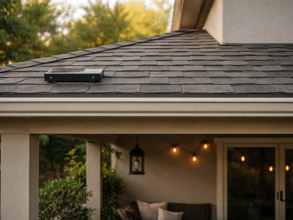 Minimal photo of a covered patio roof connection showing two unobtrusive option areas.