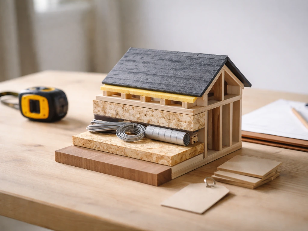 Minimal worktable with layered material samples representing house cost components.