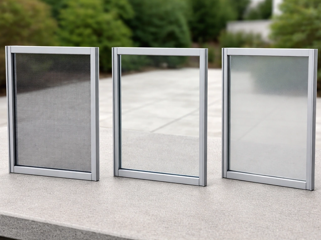 Three patio enclosure panel samples side by side: fiberglass screen, tempered glass, and polycarbonate.