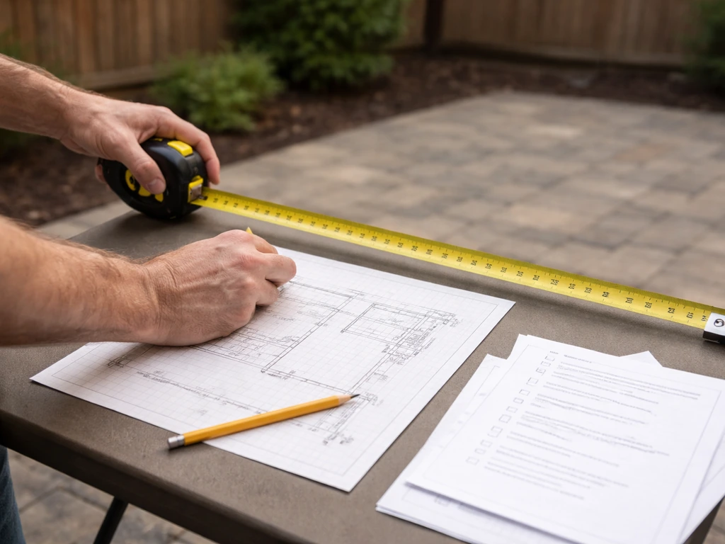 Contractor outdoors with measuring tape and a printed checklist near a patio enclosure plan