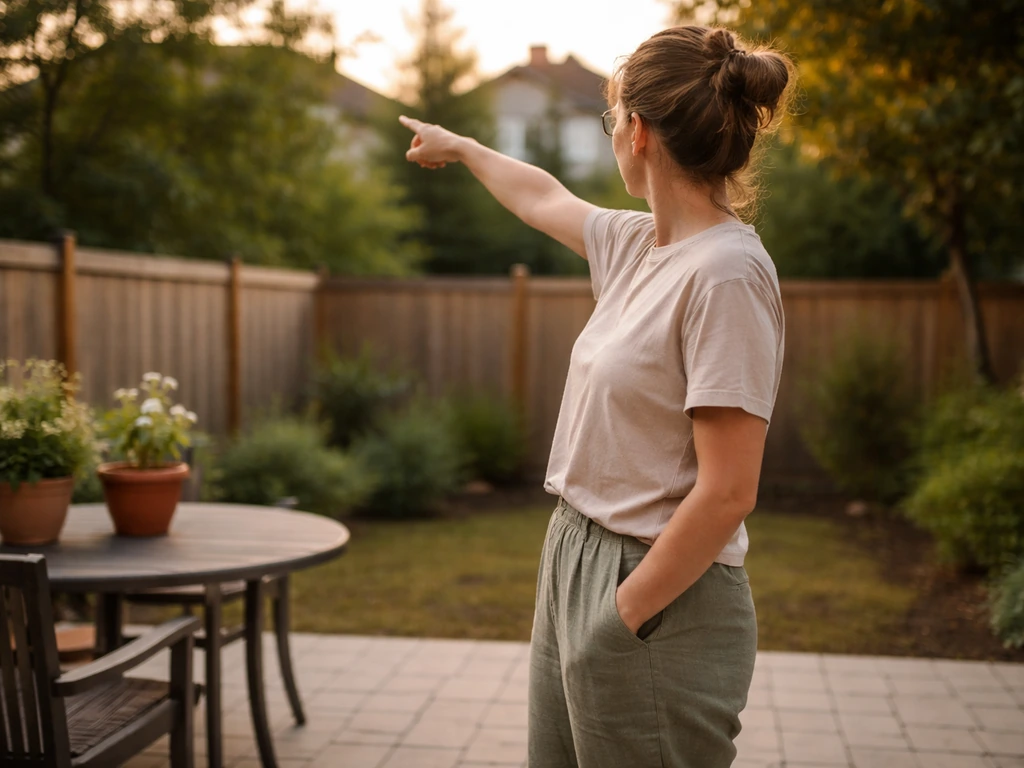 Anonymous homeowner on a backyard patio pointing toward the direction of unwanted views at golden hour