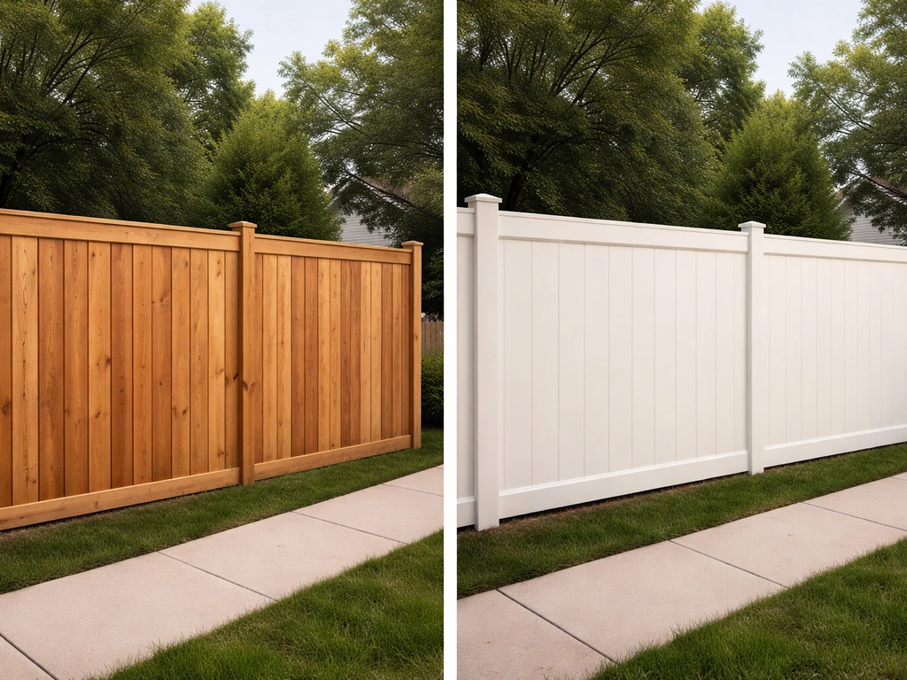 Side-by-side patio-height wood and vinyl privacy fence sections in a simple yard setting.