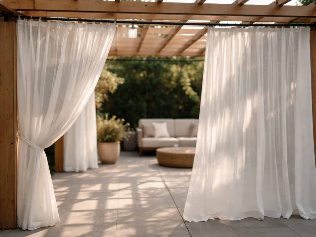 Outdoor pergola curtains on a rod, partly open for airflow and partly closed for privacy