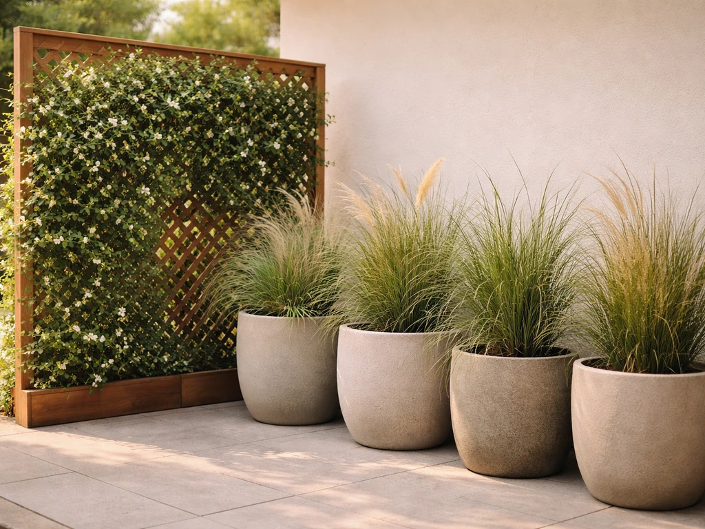 Wood trellis wrapped in climbing vines next to tall planter grasses creating a living privacy screen on a patio.