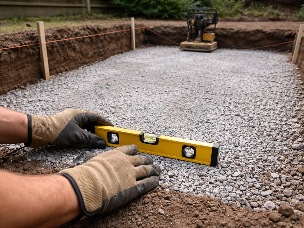 Worker’s hands holding a small level over an excavated patio base with compacted gravel and stakes