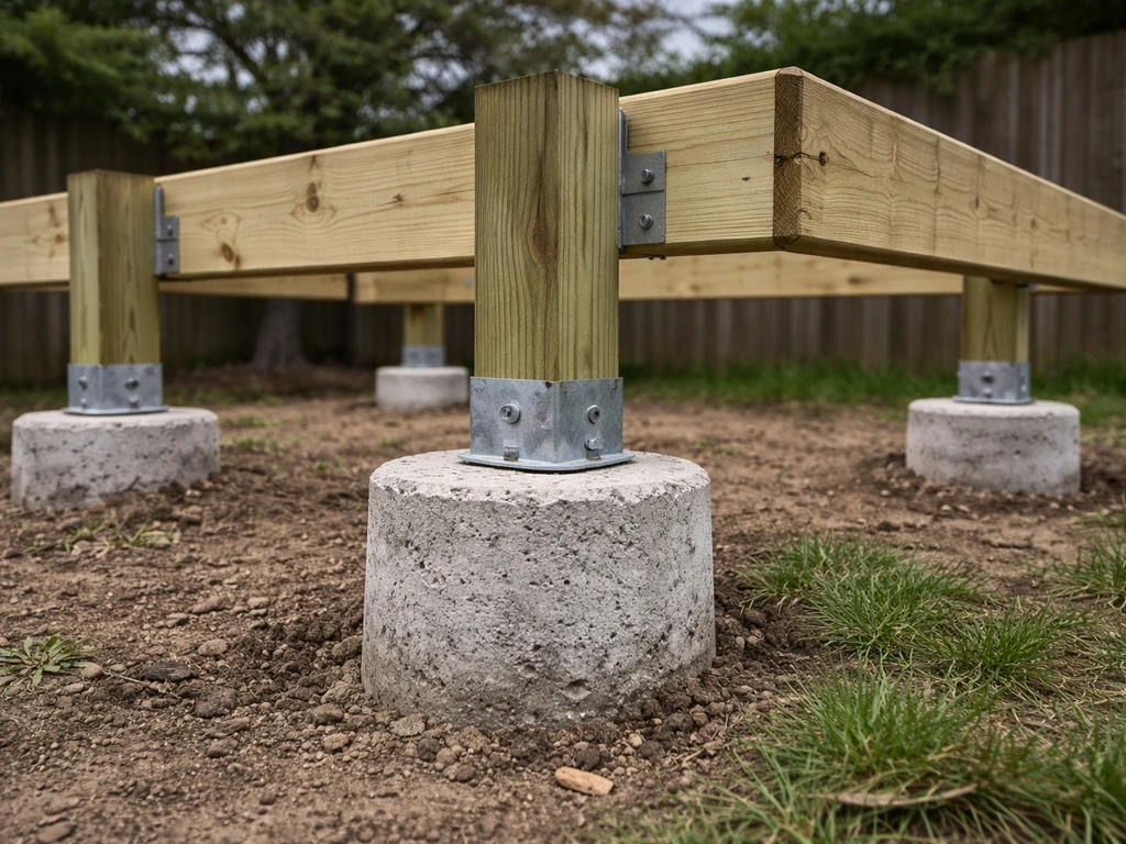 Concrete deck pier footings with wood framing posts and beams ready for deck construction.