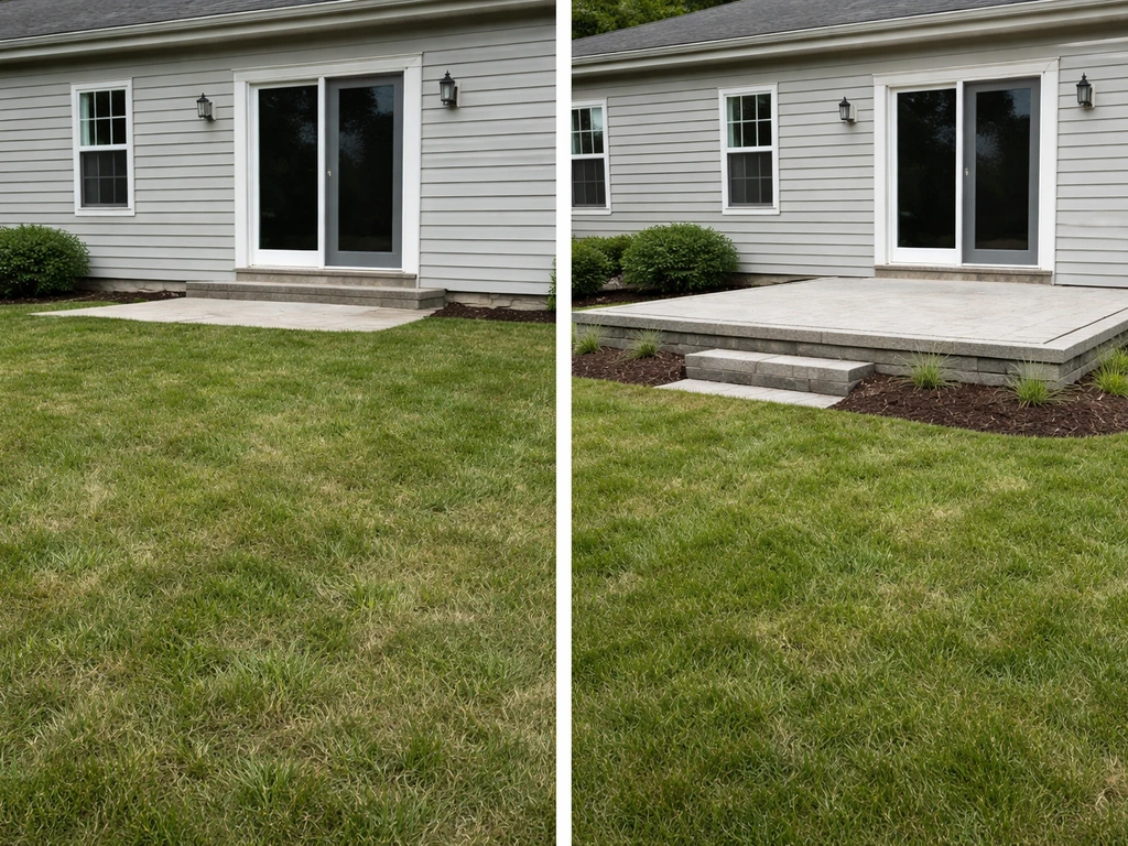 Raised patio platform elevated above gently flat yard grade, with natural lawn around it.