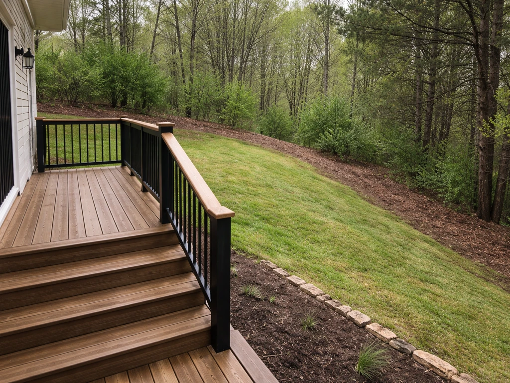 Backyard showing a major slope drop from the house with an elevated deck and visible stairs