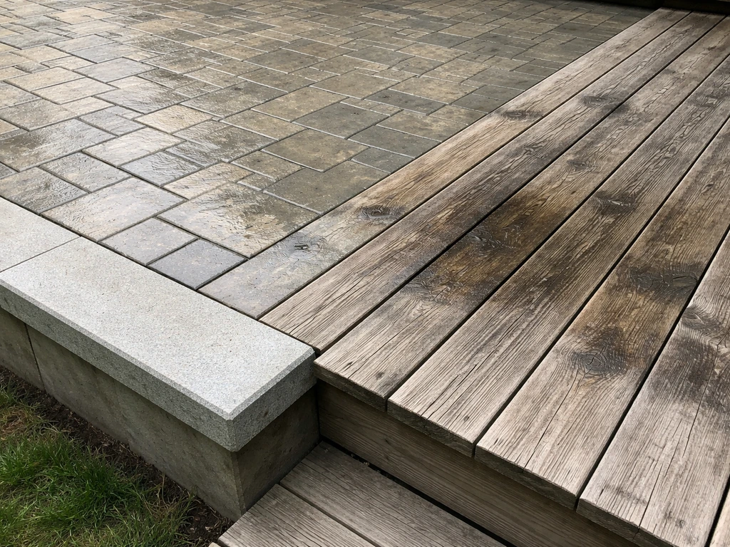 Clean raised patio pavers beside a weathered wooden deck needing stain and cleaning.