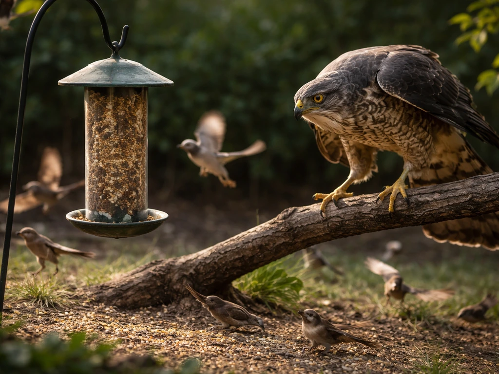 A raptor perched near a backyard bird feeder as small songbirds scatter in alarm