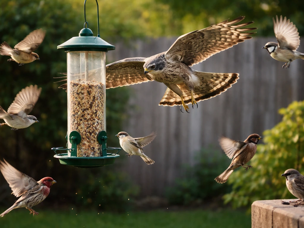 Small feeder birds scatter as a raptor swoops near a backyard bird feeder