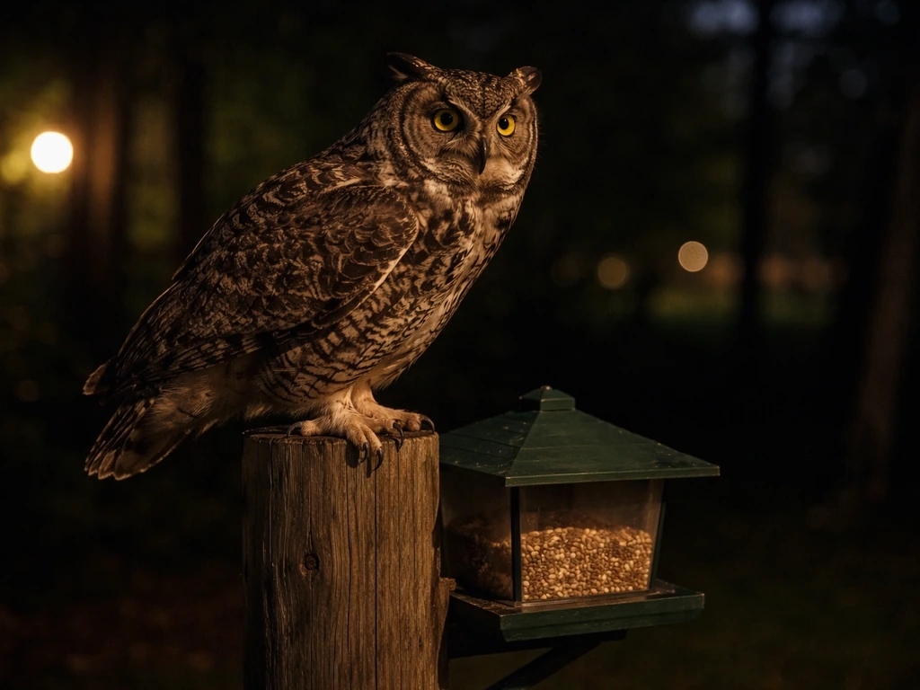 Great horned owl perched near a night feeder, eyes alert, woodland edge background with soft bokeh.