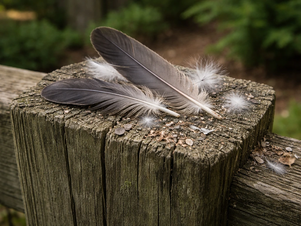 Close-up of scattered feathers and plucked downy remains on a backyard fence near a wooden post.