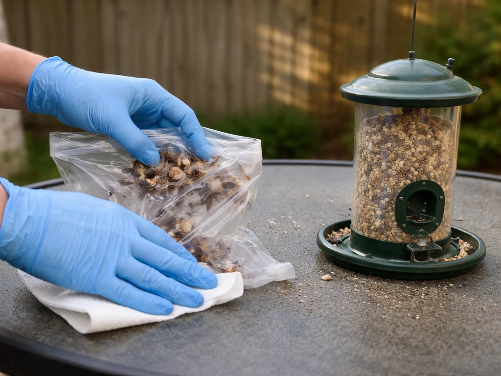 Gloved person bags feathers and wipes a bird feeder after a predator visit in a quiet outdoor yard.