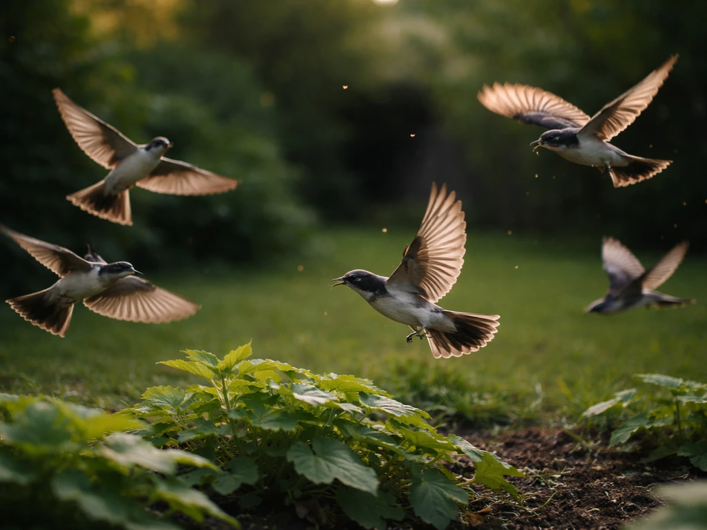 Swallow-like birds swoop over a backyard garden, catching insects in flight near plants.