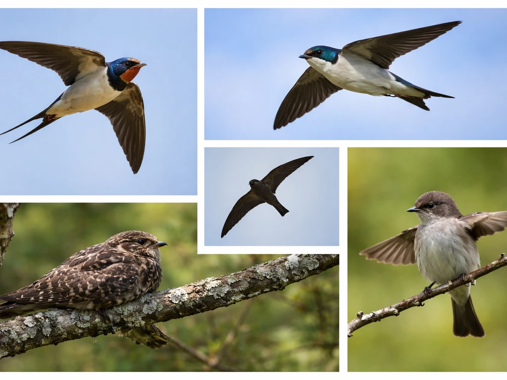 Collage of five aerial insect-eating birds—swallow, swift, nightjar, flycatcher—on simple natural backgrounds.