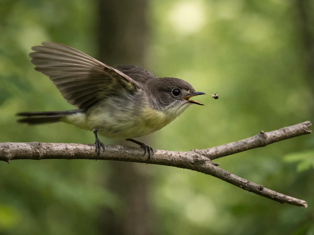A small flycatcher launches from a branch, snatches an insect in mid-air, and lands on another perch.