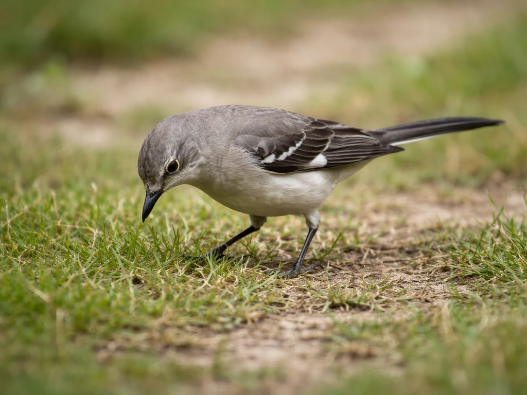Northern mockingbird on grass at ground level, pausing to grab an insect near the ground.