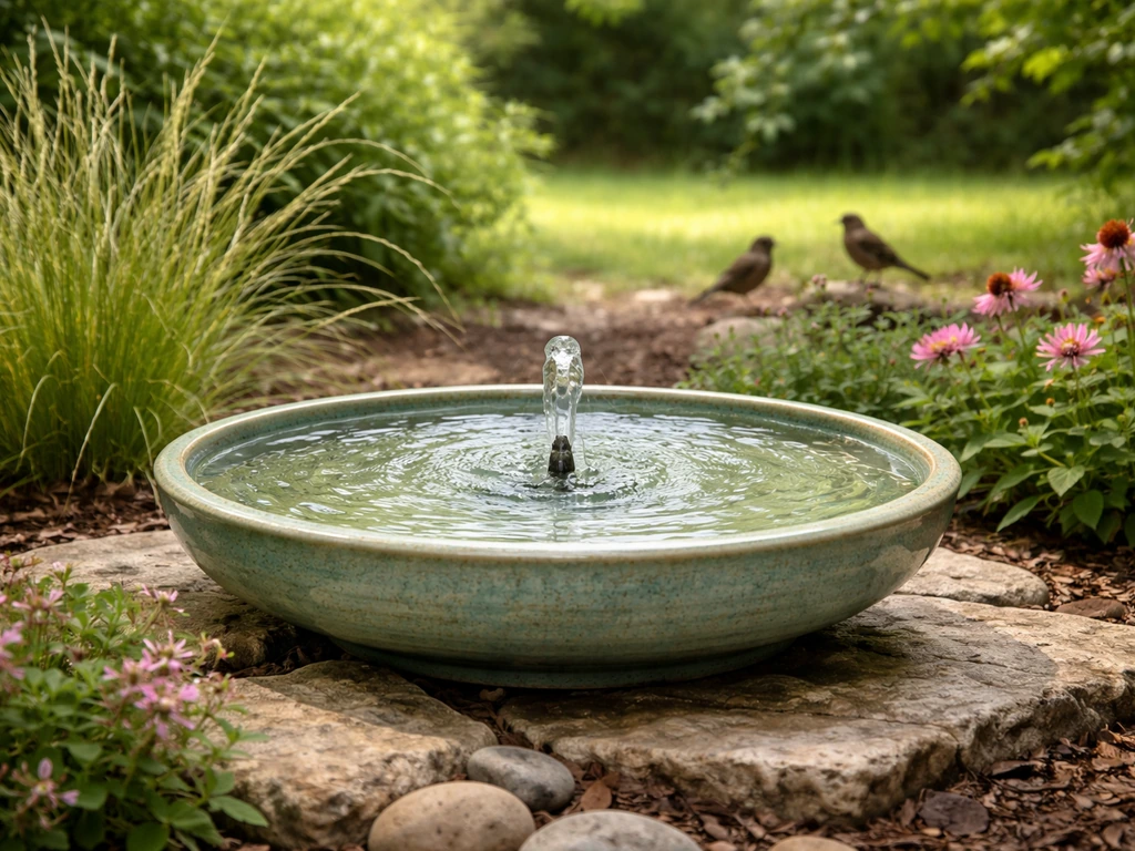 Shallow birdbath with gentle moving water beside native plants, with small birds nearby in a simple yard