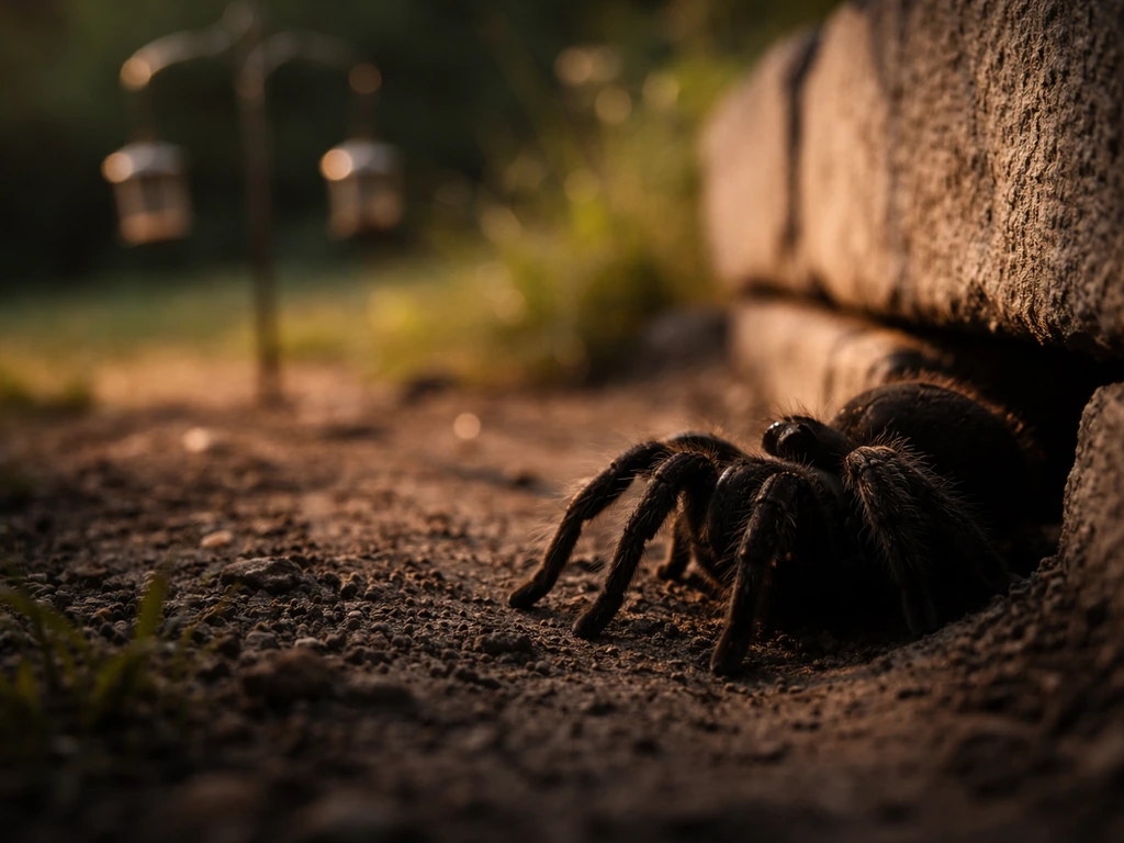 Shadowy burrowing tarantula silhouette near a small backyard feeder, no birds present.
