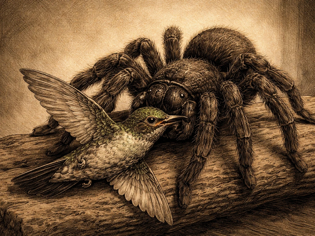 A large tarantula on a wooden perch appears to hold a hummingbird, in an old engraving style scene.