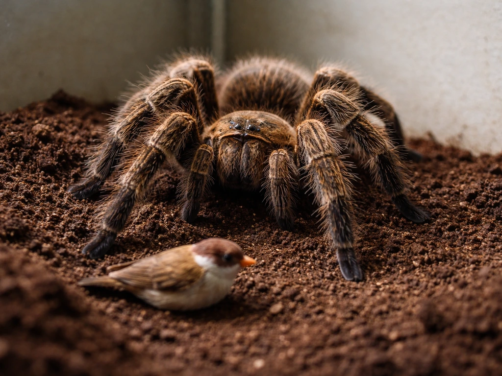 A tarantula in a simple terrarium with a tiny bird-like prop nearby, showing a rare, safe hunting scenario.
