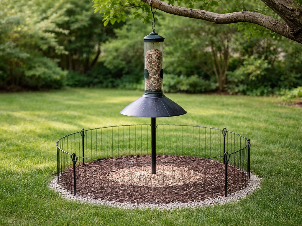 Clean bird feeder area with swept-up spilled seed and a simple protective barrier around the station.