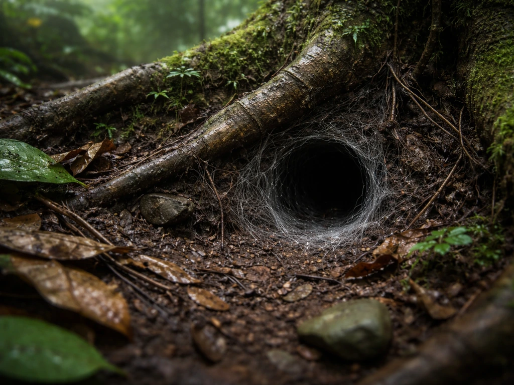 Humid upland rainforest floor with leaf litter, roots, rocks, and a silk-lined burrow opening