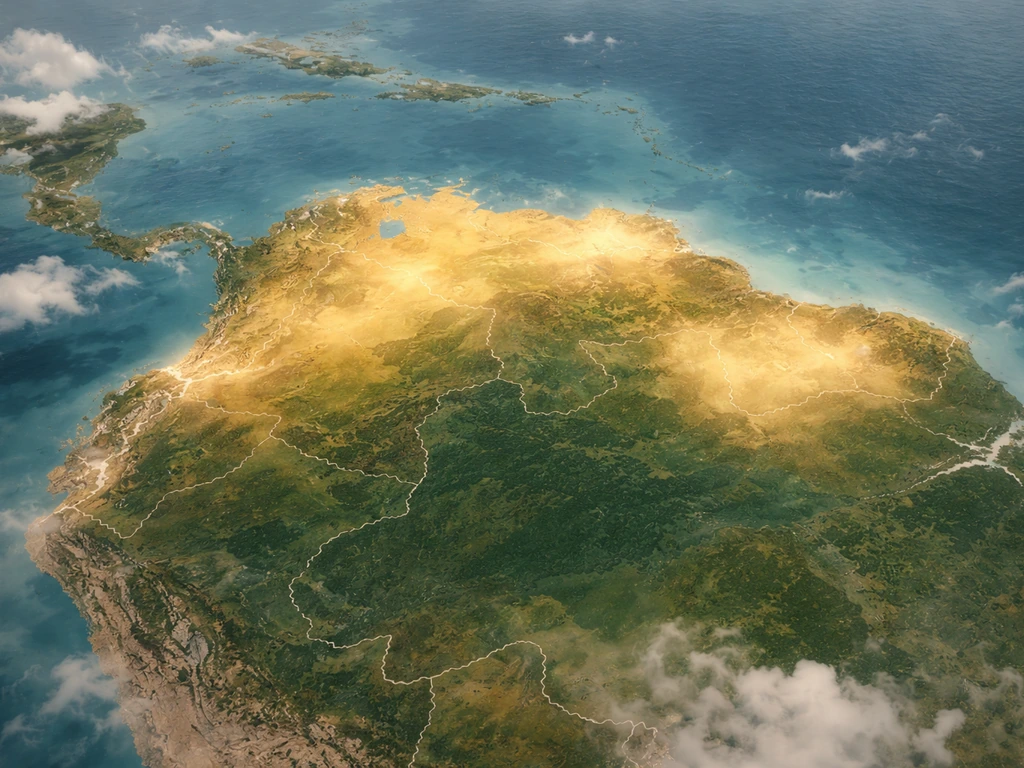 Minimal northern South America map backdrop with subtle glow highlighting Venezuela, Colombia, and nearby regions