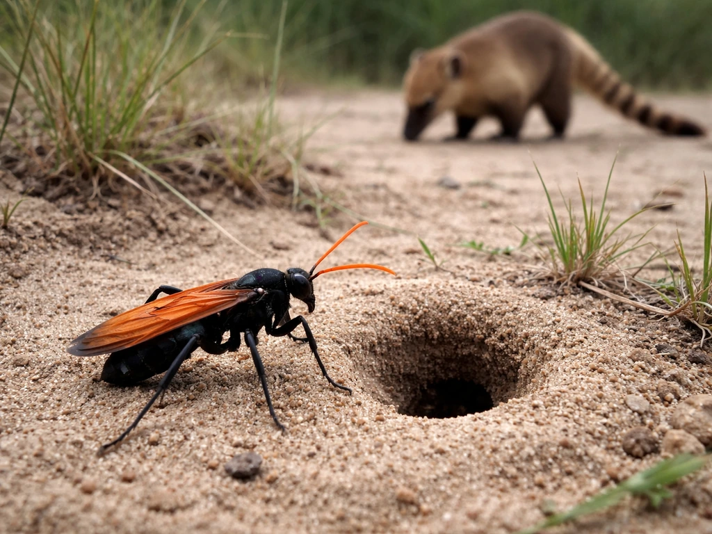 Tarantula hawk wasp near a burrow, with a coati foraging blurred in the background.