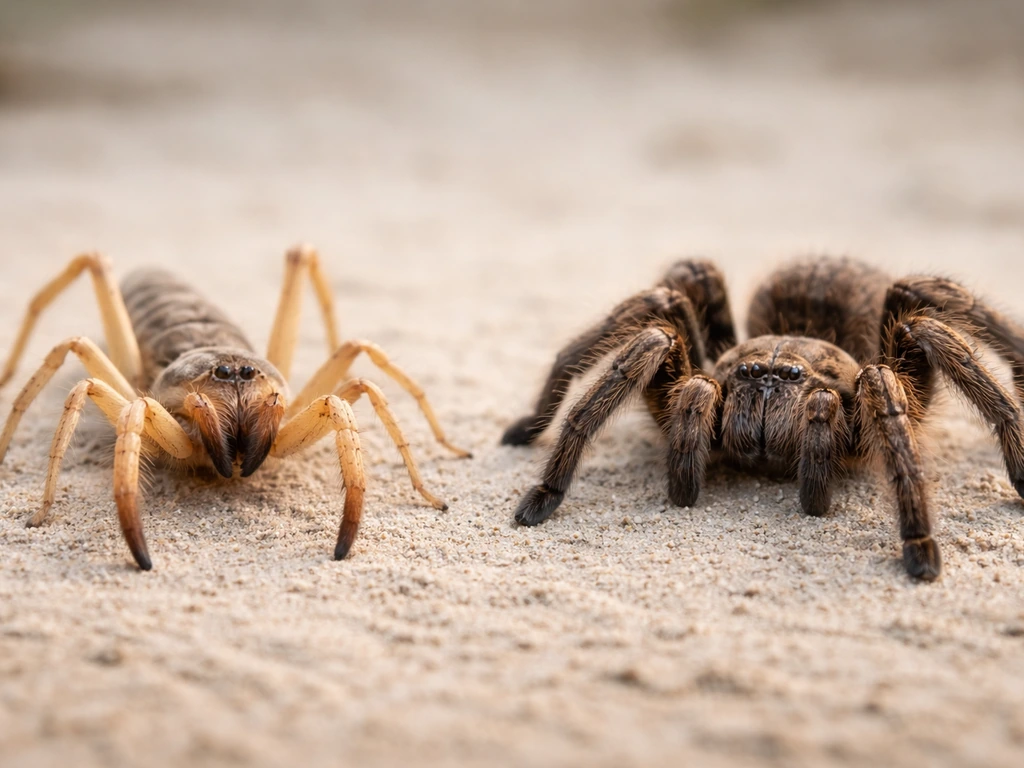 Side-by-side macro of a camel spider and a bird-eating tarantula showing different body shapes and front posture.