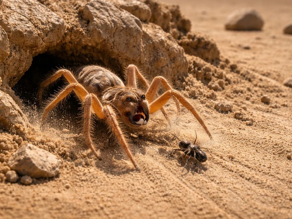 A camel spider moving across sandy desert ground near a rocky burrow opening.