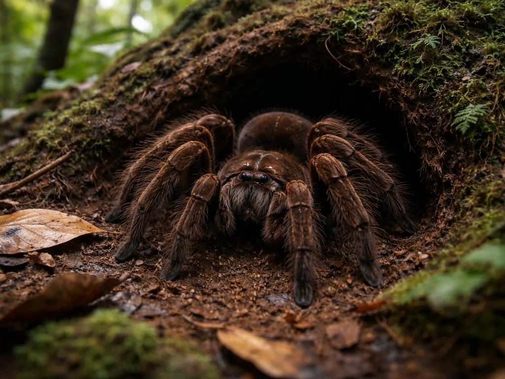 Goliath birdeater tarantula at a burrow entrance on a moist tropical forest floor.