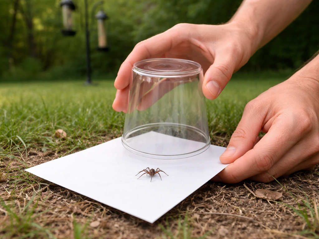 Person’s hands holding a cup over a yard feeder while a paper sheet slides underneath a spider