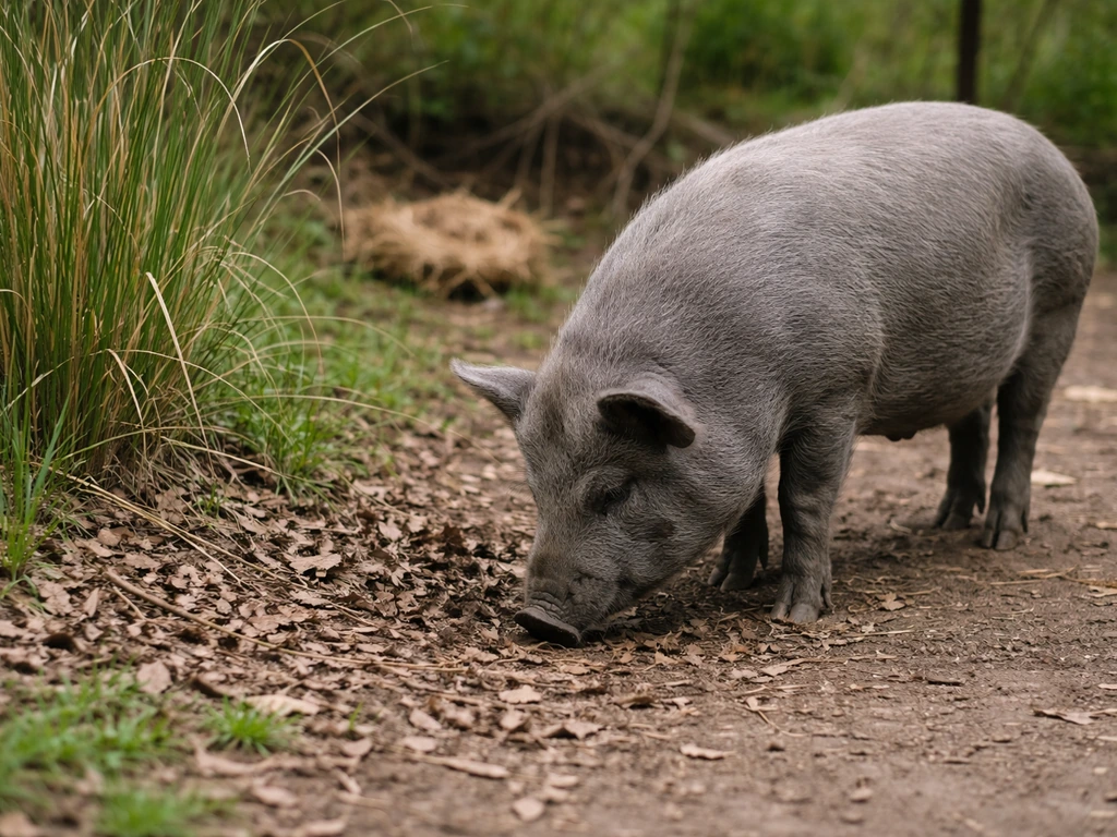 Gray pig foraging by tall grass and leaf litter, with an implied nest area blurred in the background.