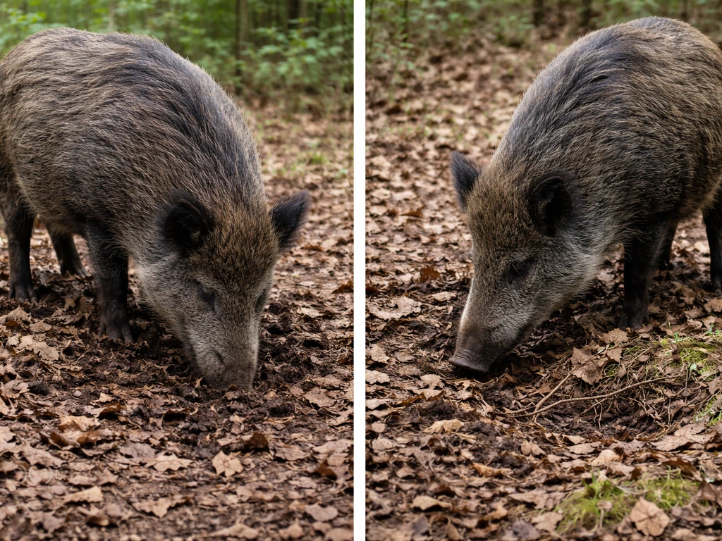 Two-frame split view: pig rooting in leaf litter versus a pig in position near a bare nest on ground.